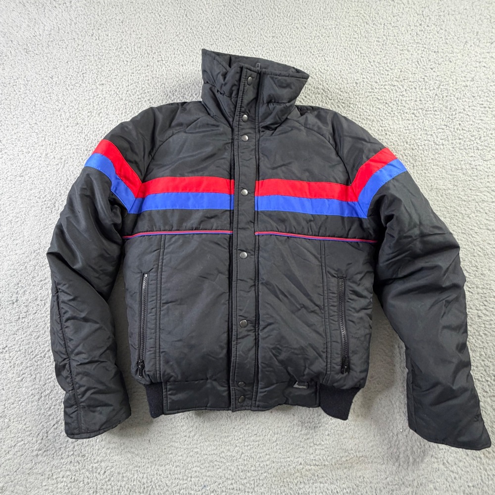 VTG 90s Snuggler Goose Down Puffer Ski Jacket Full Zip Black Stripes Mens 38 S